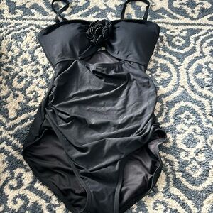 Kate Spade One Piece Black Cut Out Swim Suit Flower Appliqué